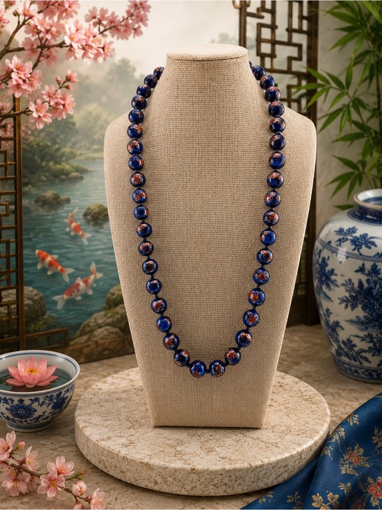 Jewelry - Blue Fantail Gold Fish Hand-painted Porcelain Beaded Necklace